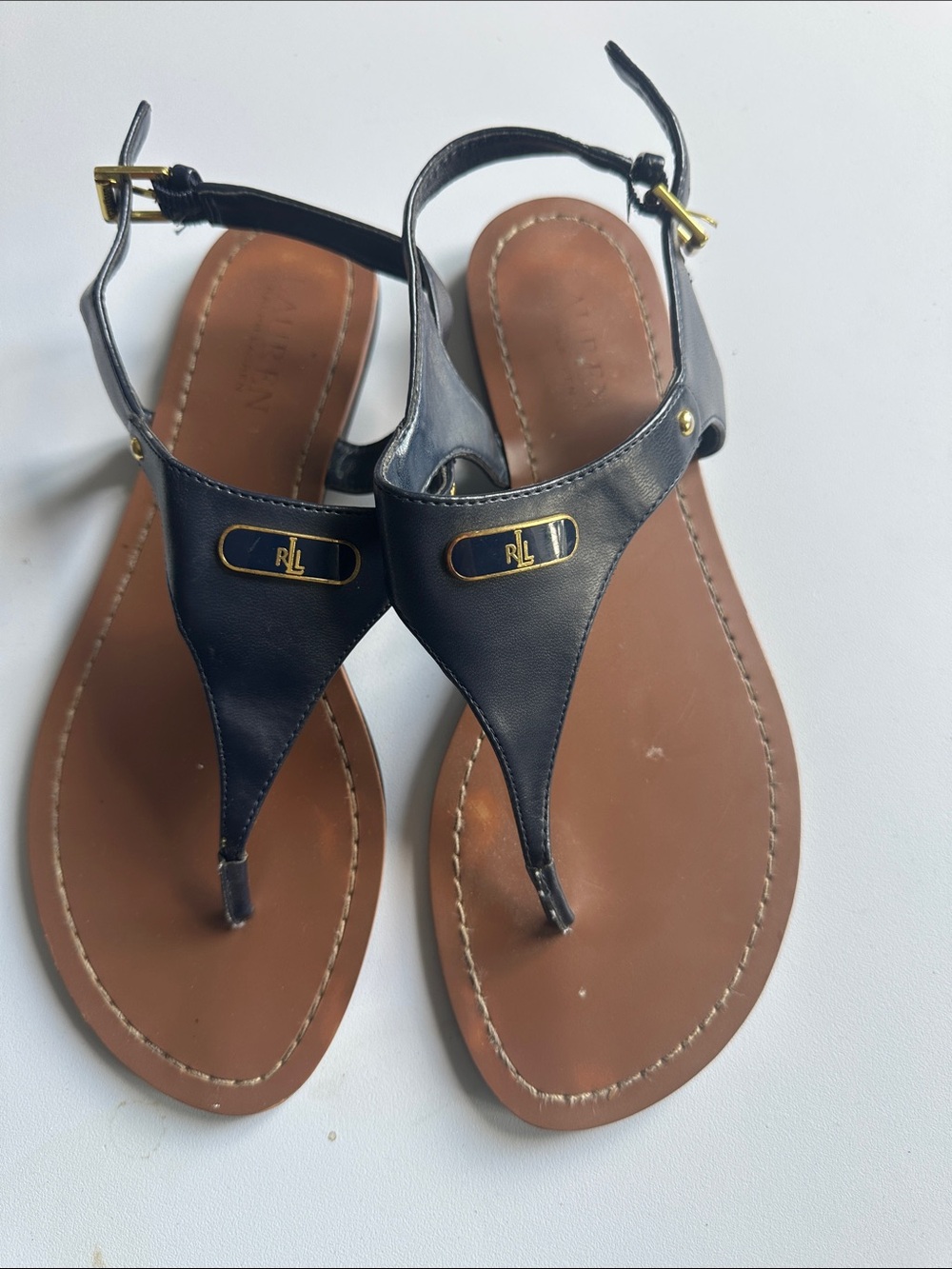 P—Ralph Lauren Leather T-Strap Sandals with Gold RL Accent